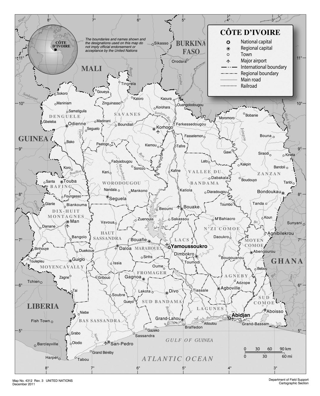 Large detailed political and administrative map of Cote d'Ivoire with roads, railroads, major cities and airports