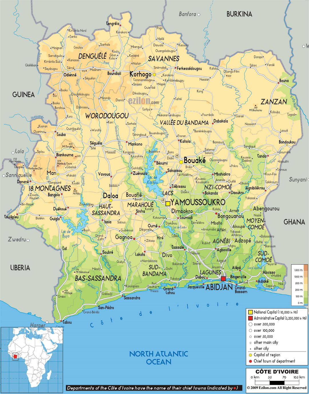 Large physical map of Ivory Coast with roads, cities and airports