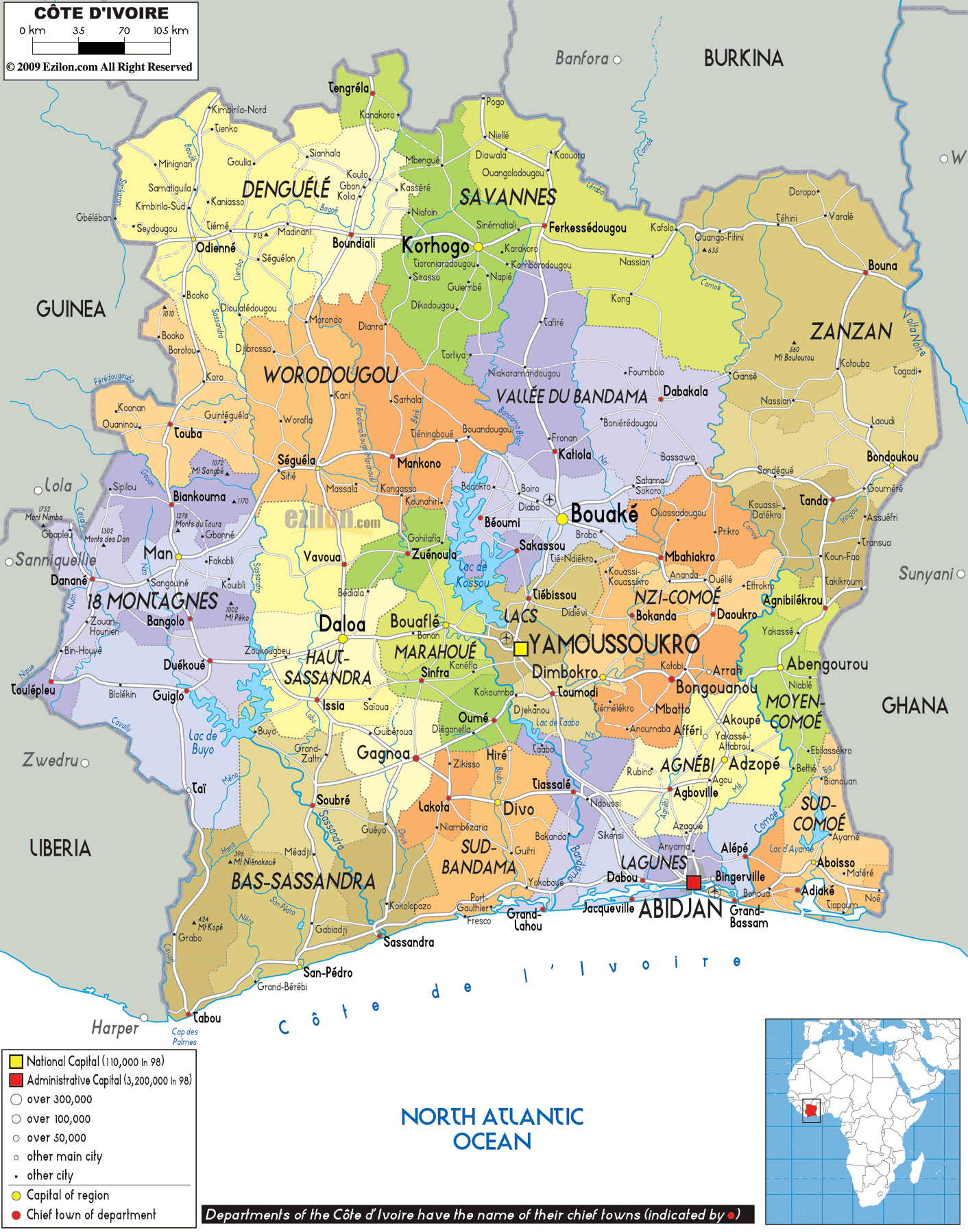 Large Political And Administrative Map Of Ivory Coast With Roads Cities And Airports 