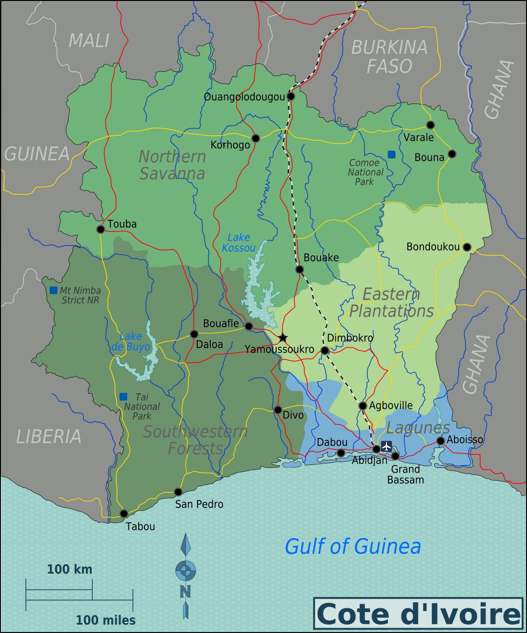 Large regions map of Cote d'Ivoire