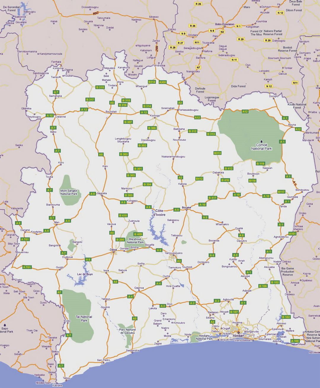 Large road map of Cote d'Ivoire with all cities