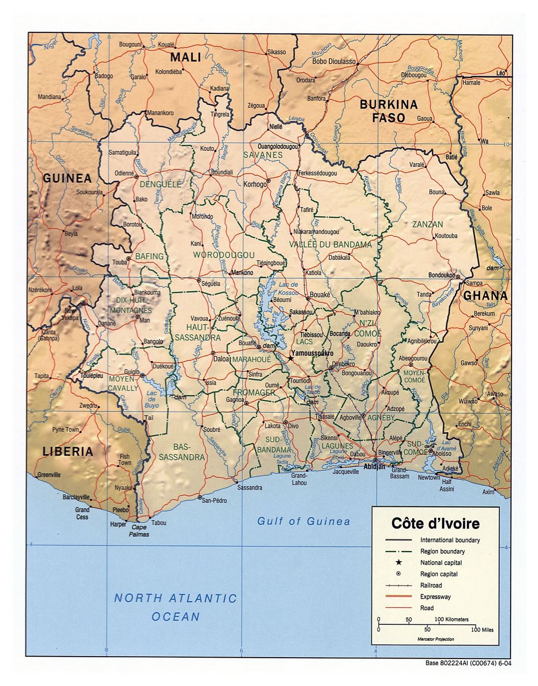 Large scale political and administrative map of Cote d'Ivoire with relief, roads, railroads and major cities - 2004