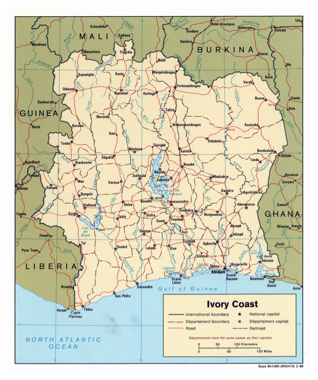 Large scale political and administrative map of Cote d'Ivoire with roads, railroads and major cities - 1988
