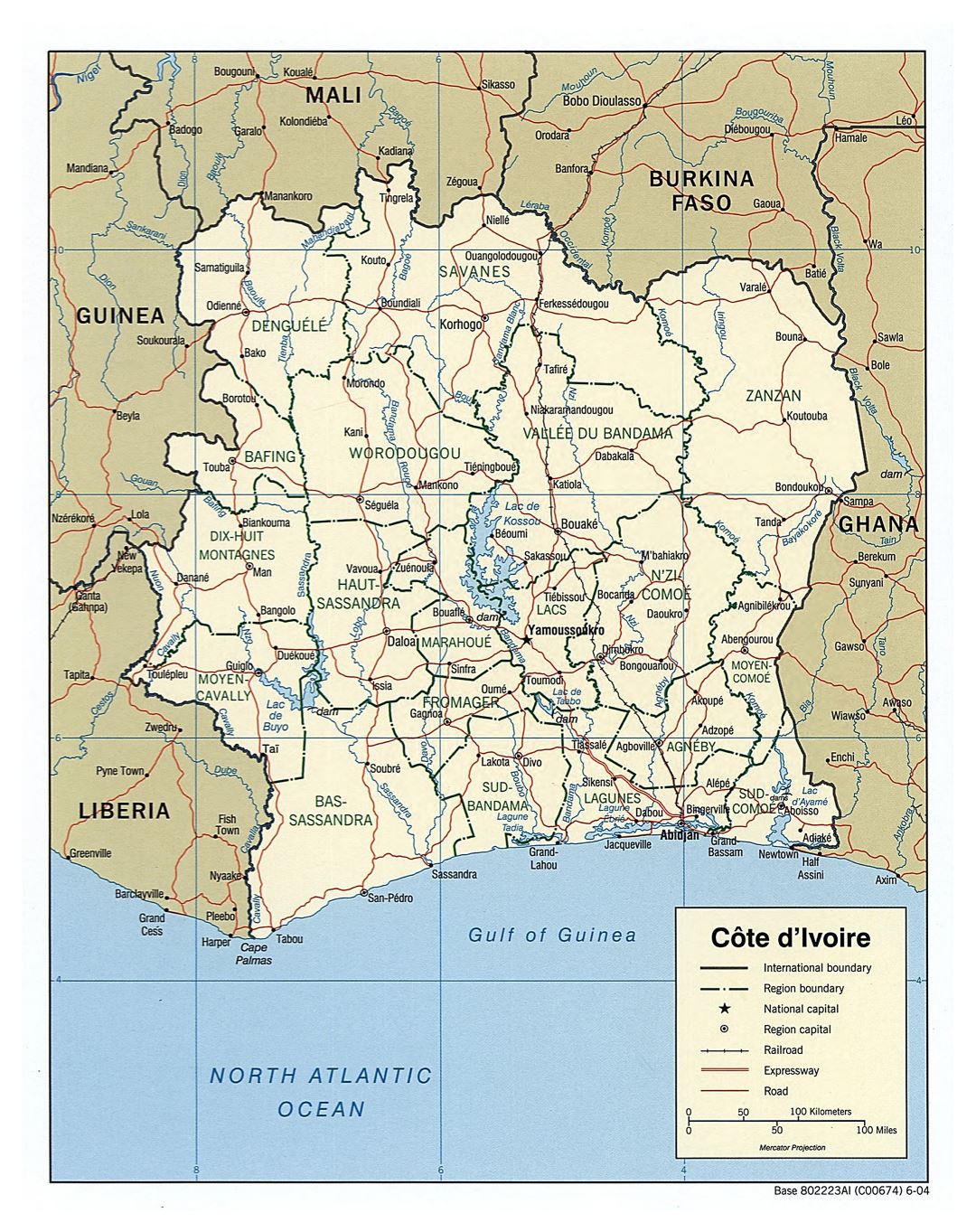 Large scale political and administrative map of Cote d'Ivoire with roads, railroads and major cities - 2004