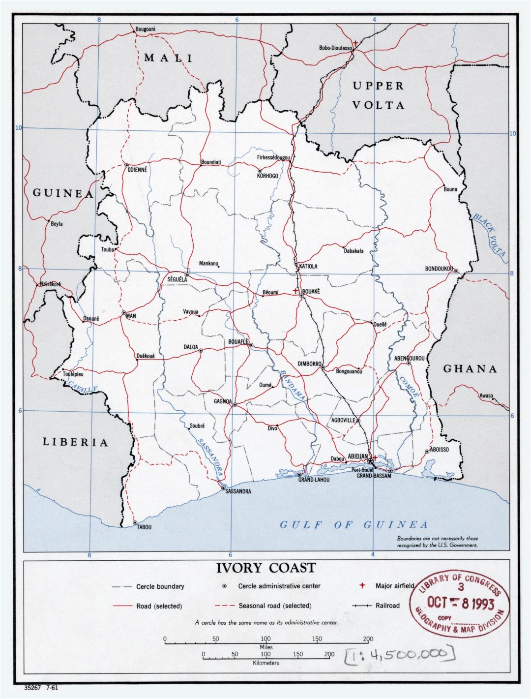 Large scale political and administrative map of Ivory Coast with roads, railroads, cities and airports - 1961