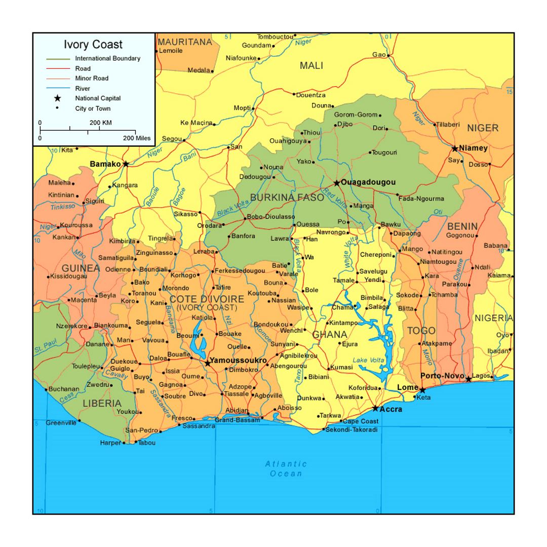 Political Map Of Ivory Coast With Roads And Major Cities Small 