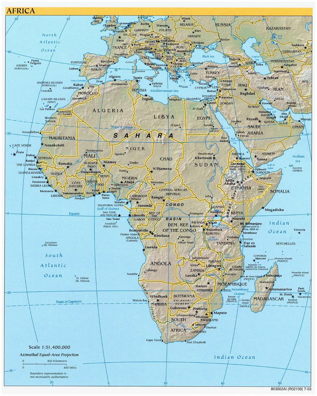 Detailed political map of Africa with relief and capitals - 2003