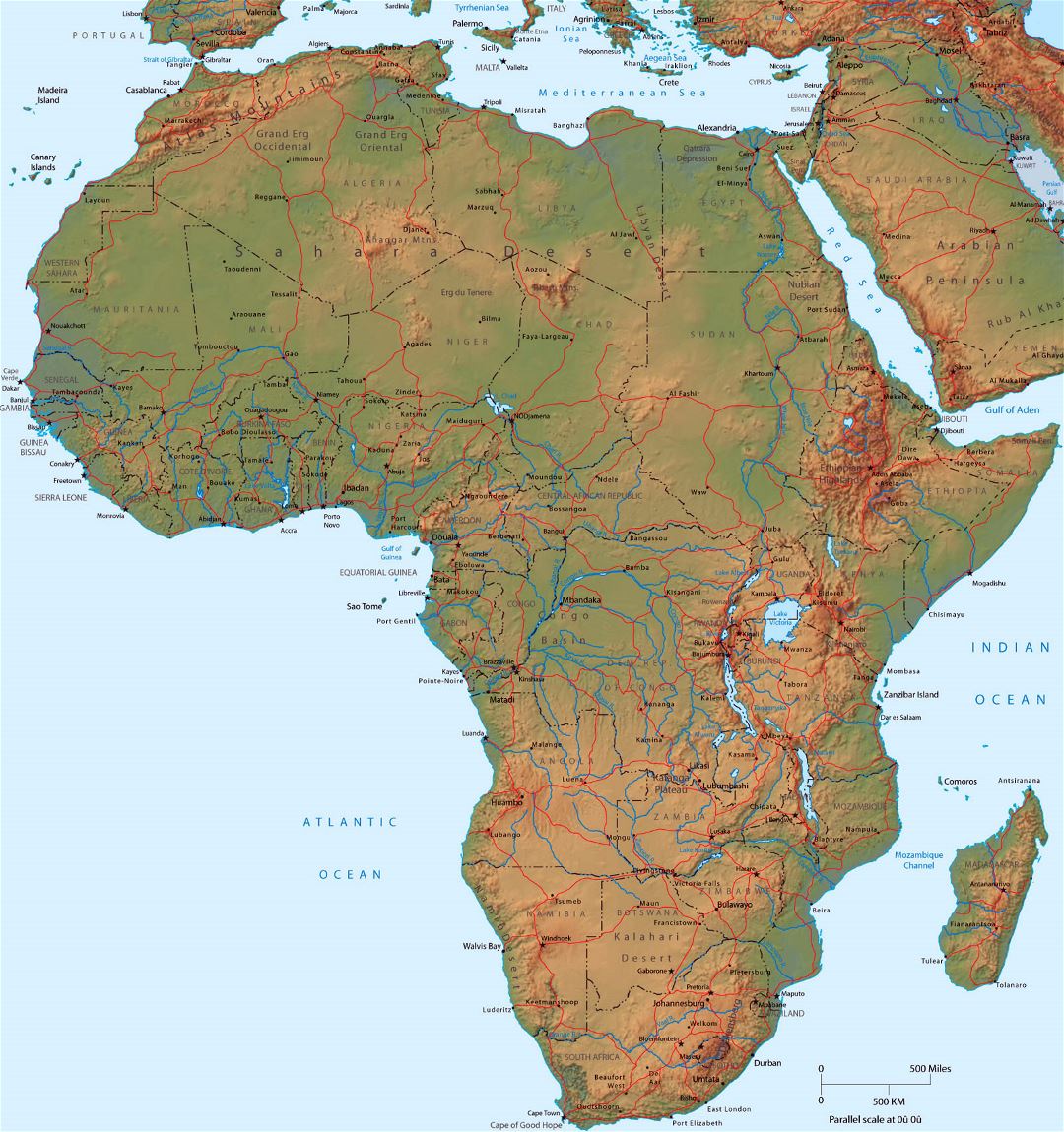 Detailed political map of Africa with relief