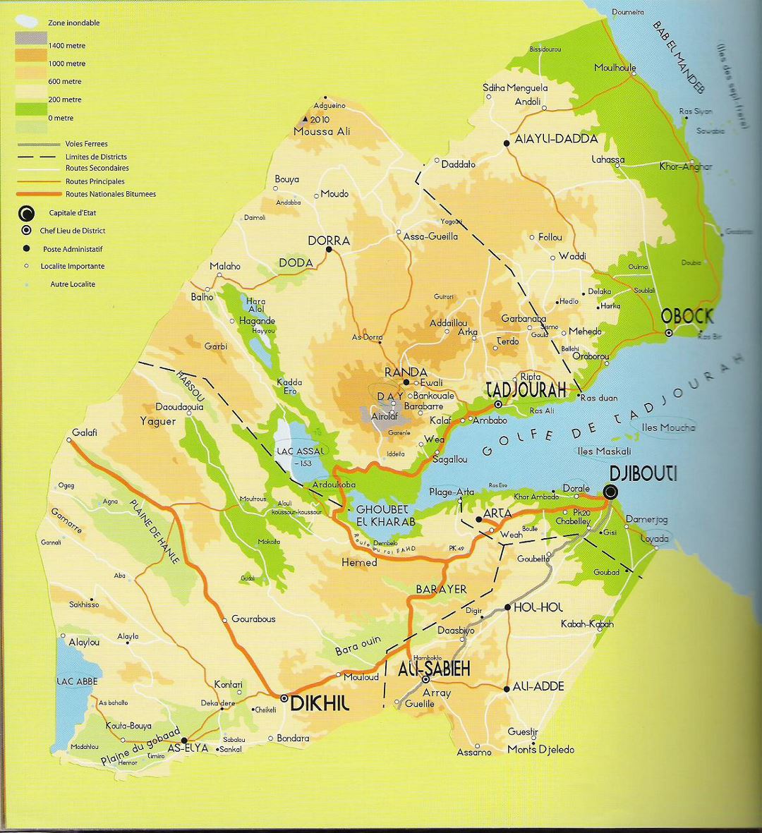 Detailed elevation map of Djibouti with roads and cities