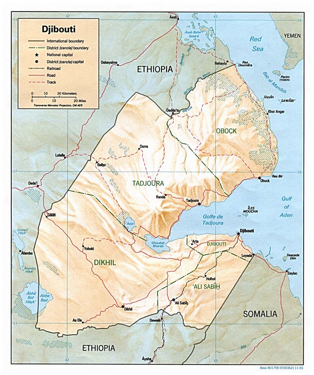 Detailed political and administrative map of Djibouti with relief, roads, railroads and major cities - 1991
