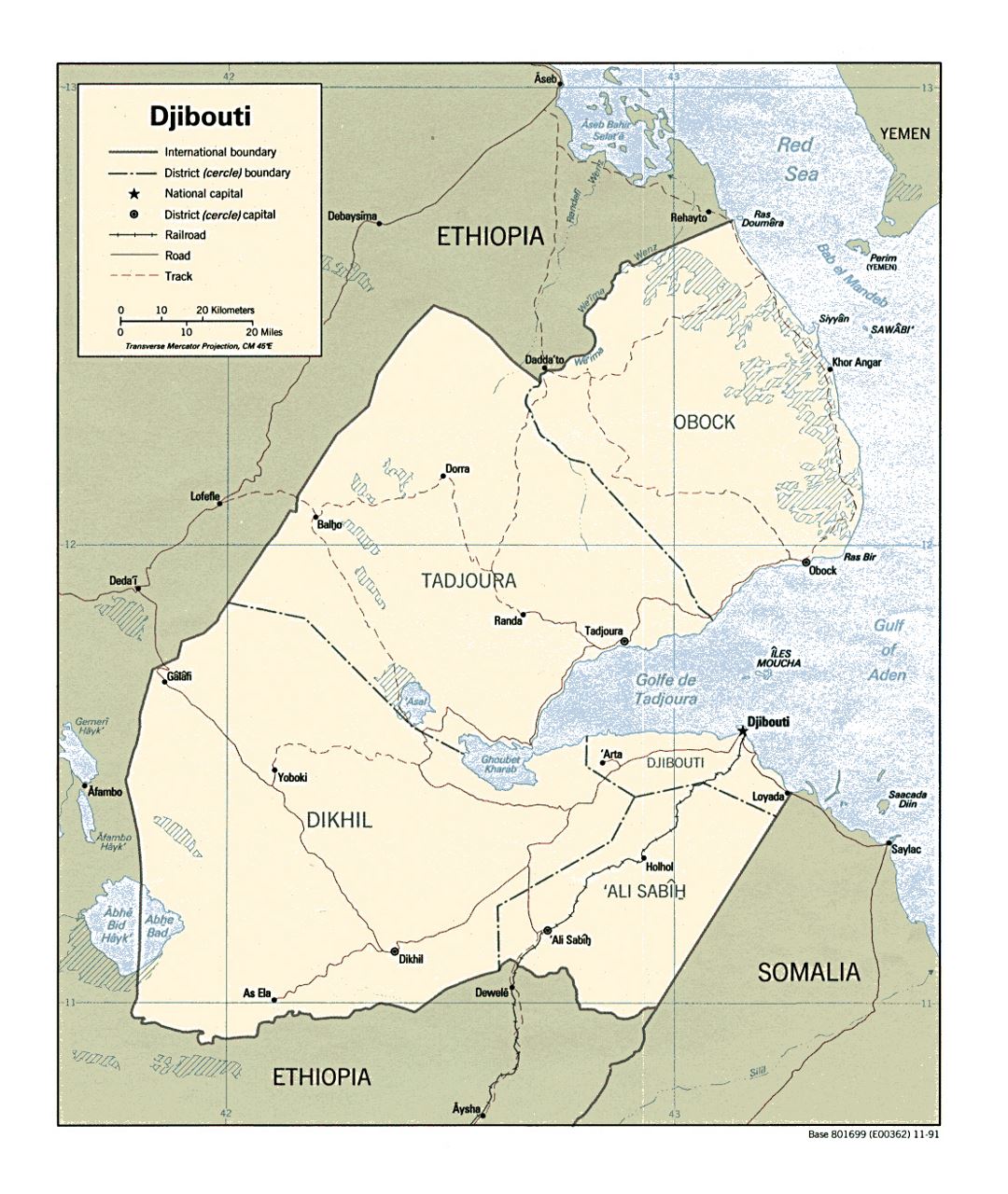 Detailed political and administrative map of Djibouti with roads, railroads and major cities - 1991