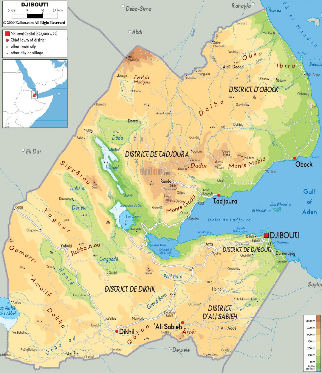 Large physical map of Djibouti with roads, cities and airports