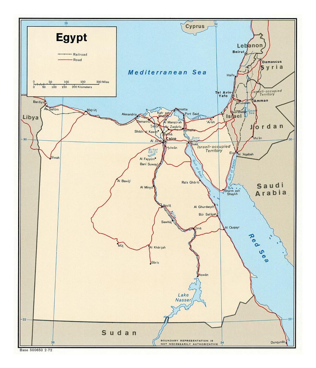 Detailed political map of Egypt with roads, railroads and major cities - 1972