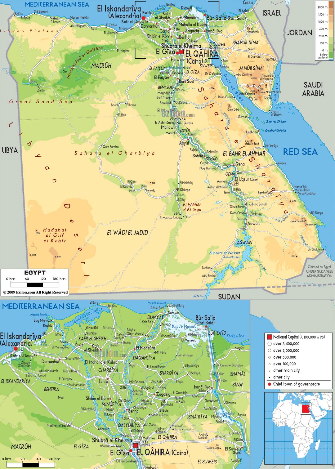 Large physical map of Egypt with roads, cities and airports