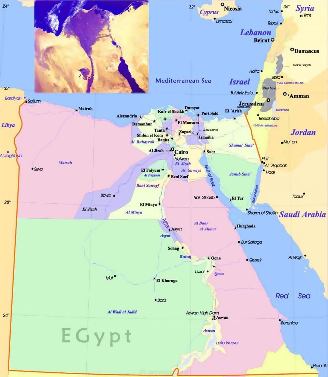 Large political and administrative map of Egypt with roads and cities