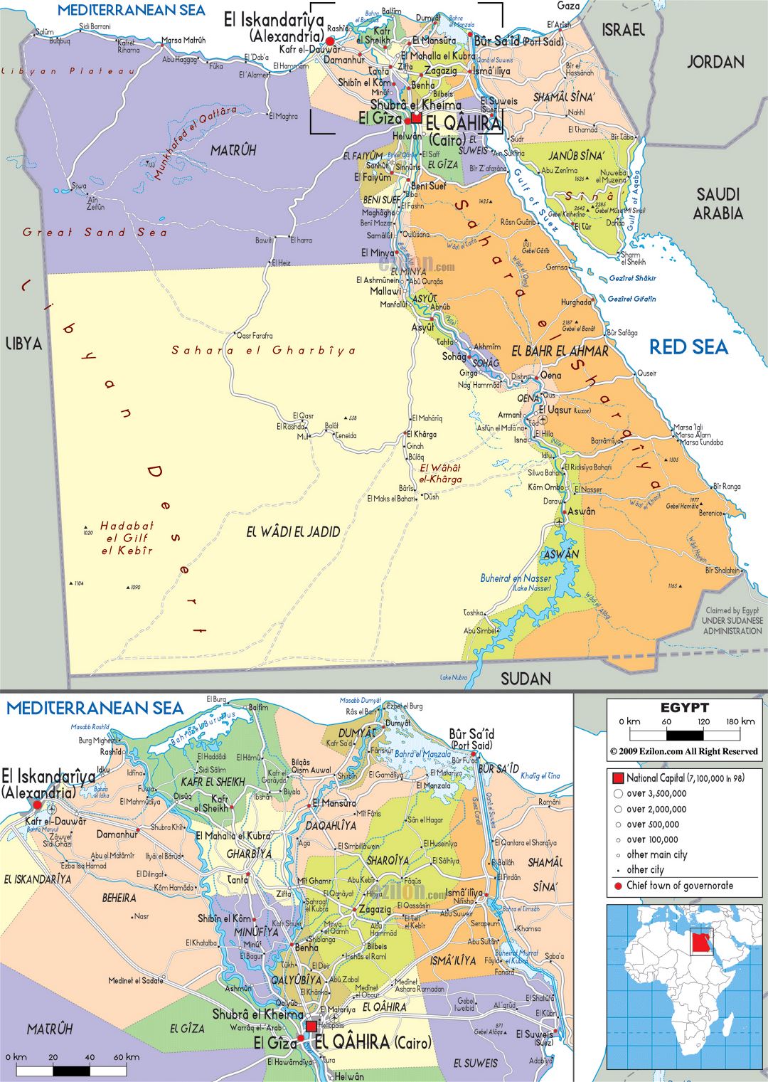 Large political and administrative map of Egypt with roads, cities and airports