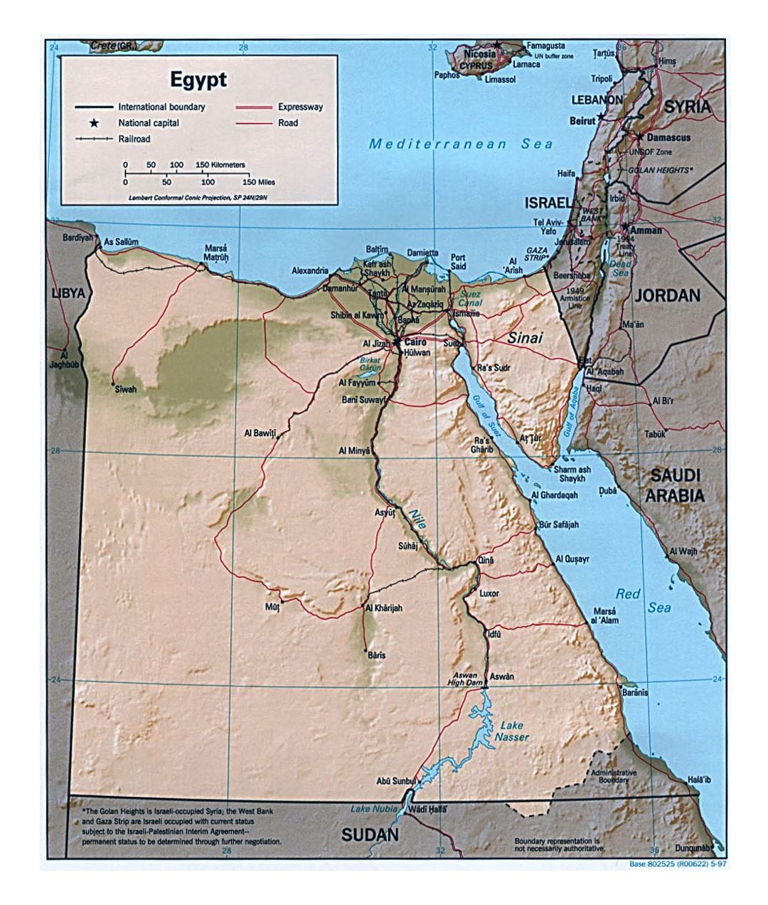 Large political map of Egypt with relief, roads, railroads and major cities - 1997