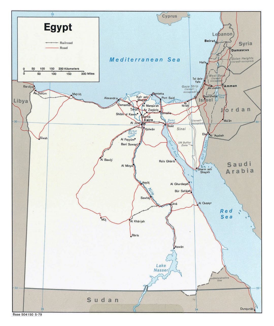 Large political map of Egypt with roads, railroads and major cities - 1979