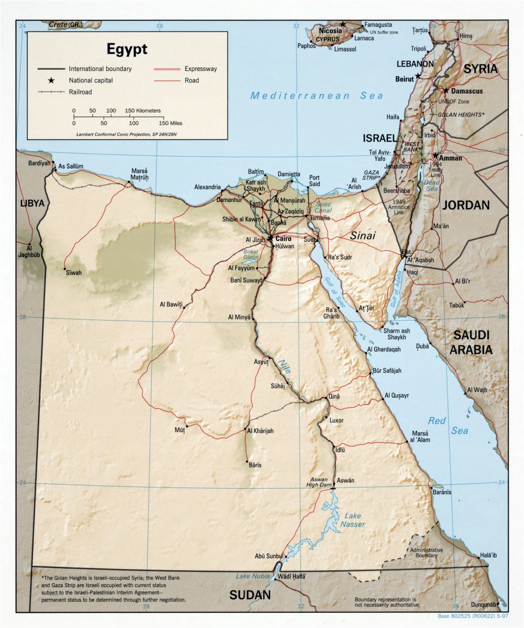 Large scale political map of Egypt with relief, roads, railroads and major cities - 1997