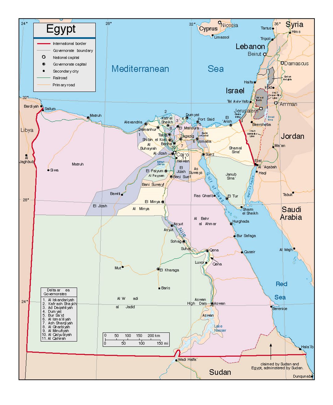 Political and administrative map of Egypt with roads and major cities