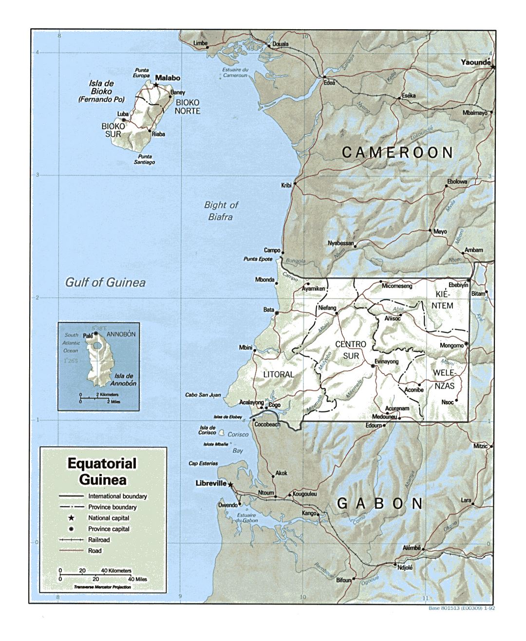 Detailed political and administrative map of Equatorial Guinea with relief, roads, railroads and major cities - 1992