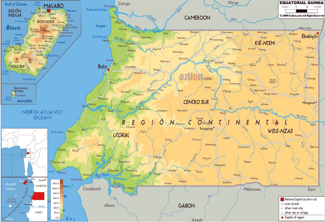 Large physical map of Equatorial Guinea with roads, cities and airports