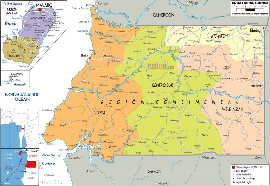 Large political and administrative map of Equatorial Guinea with roads, cities and airports