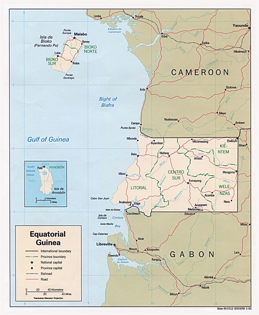 Large political and administrative map of Equatorial Guinea with roads, railroads and major cities - 1992