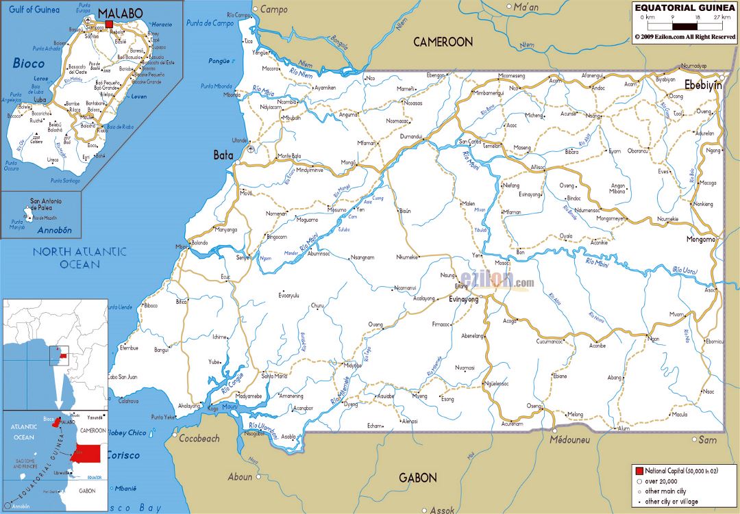 Large road map of Equatorial Guinea with cities and airports