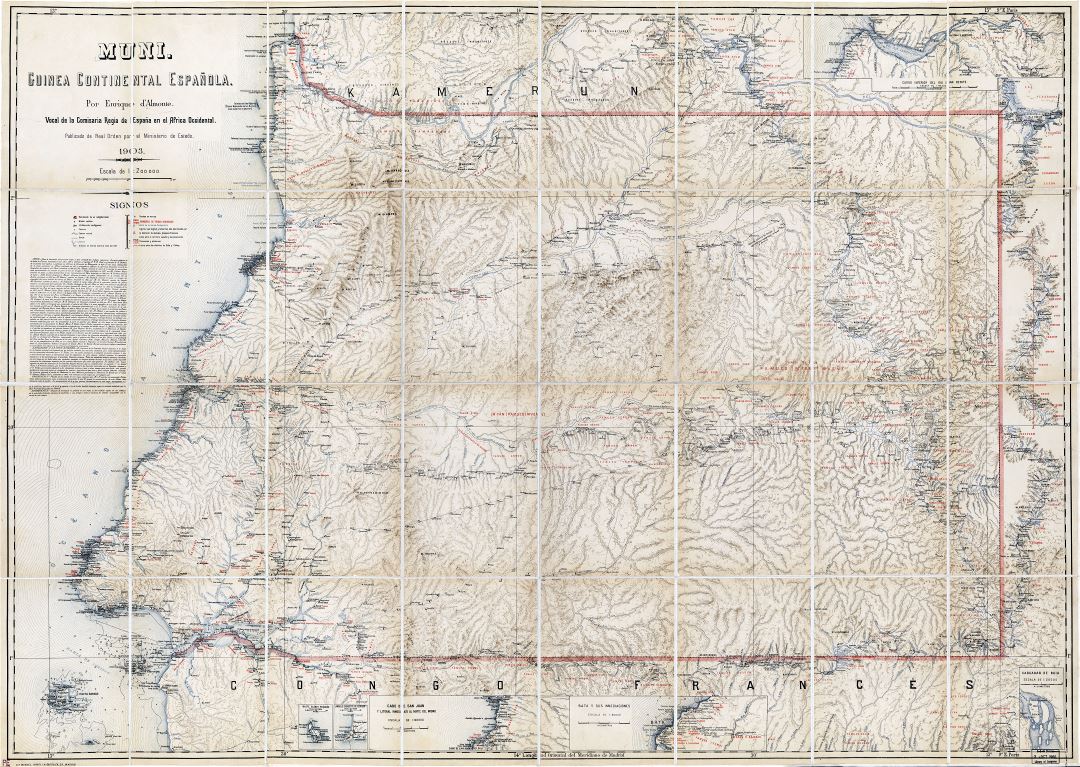 Large scale detailed old map of Equatorial Guinea with relief - 1903