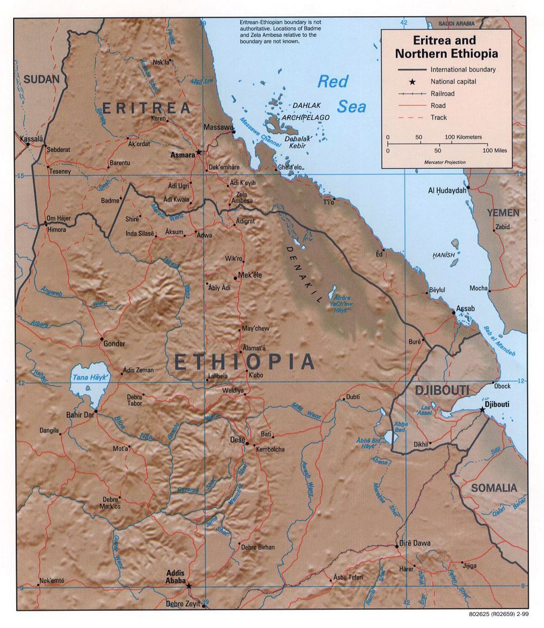 Detailed political map of Eritrea and Northern Ethiopia with relief, roads, railroads and major cities - 1999