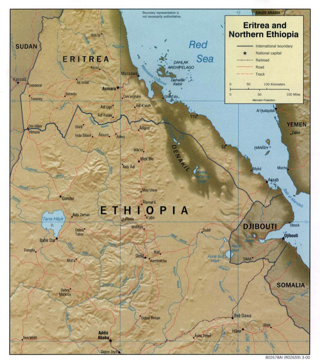 Detailed political map of Eritrea and Northern Ethiopia with relief, roads, railroads and major cities - 2000
