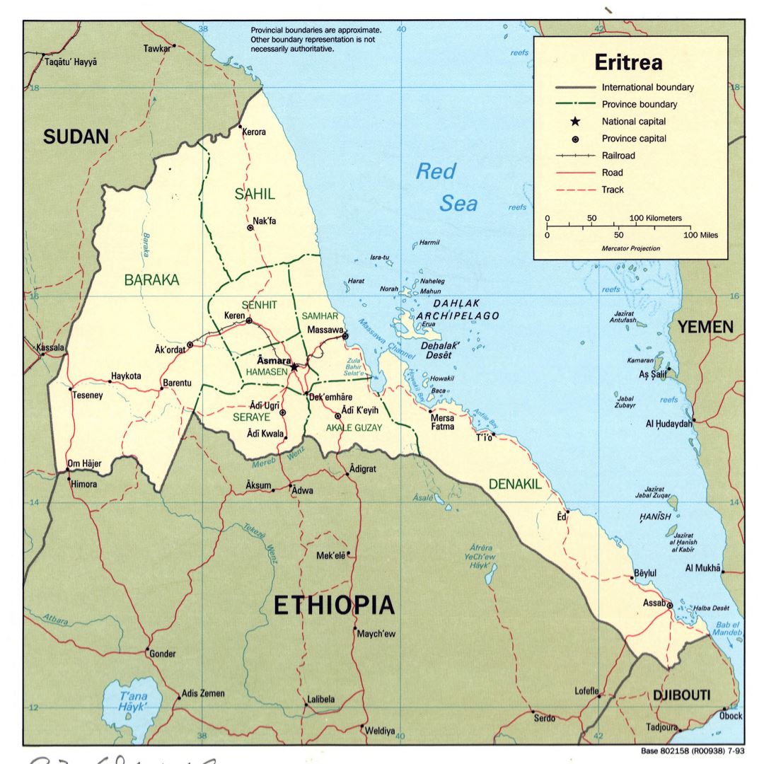 Large detailed political and administrative map of Eritrea with roads, railroads and major cities - 1993