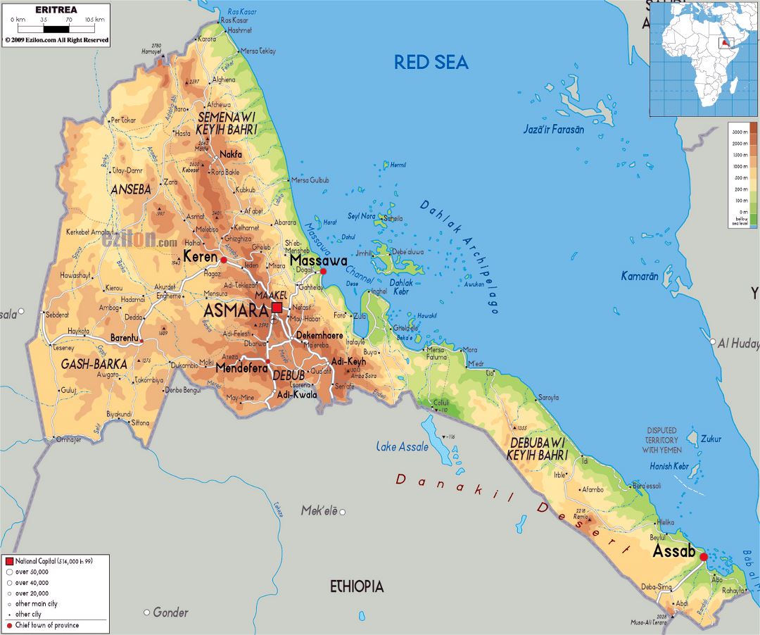 Large physical map of Eritrea with roads, cities and airports