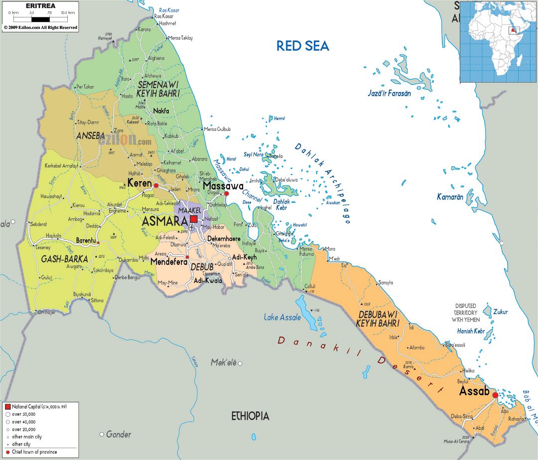 Large political and administrative map of Eritrea with roads, cities and airports