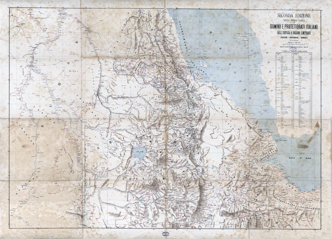 Large scale old map of Eritrea with relief, roads and cities - 1896