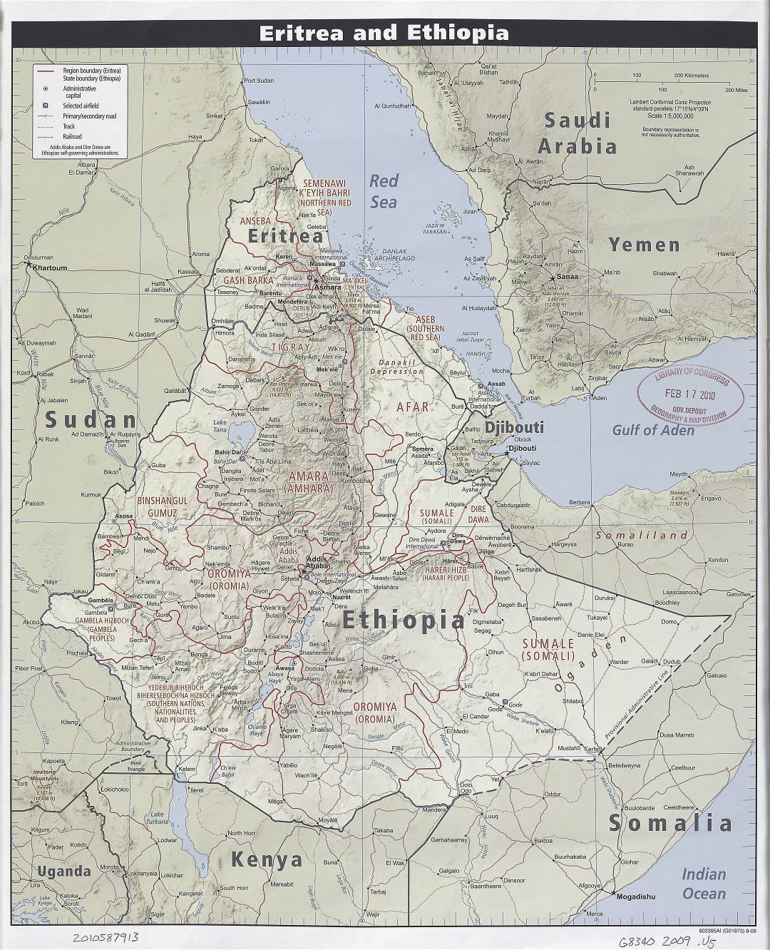 Large scale political and administrative map of Eritrea and Ethiopia with relief, roads, railroads, airports and cities - 2009