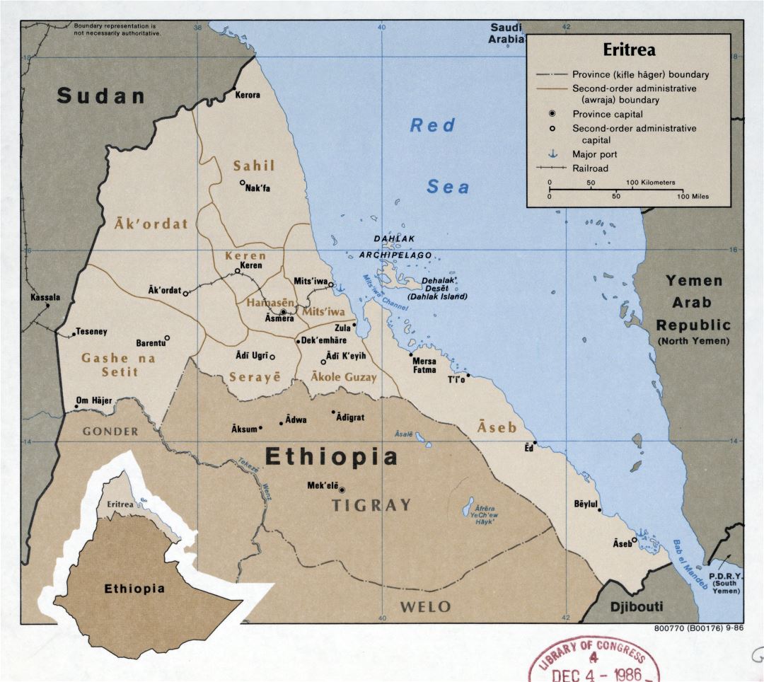 Large scale political map of Eritrea with roads, railroads, ports and major cities - 1986