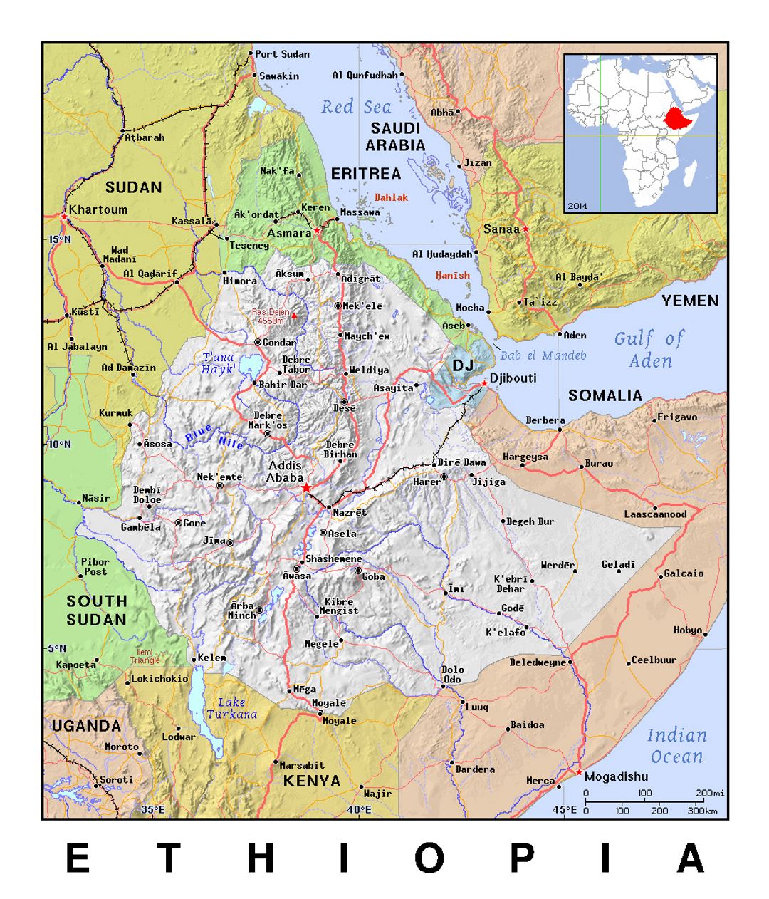 Detailed political map of Ethiopia with relief