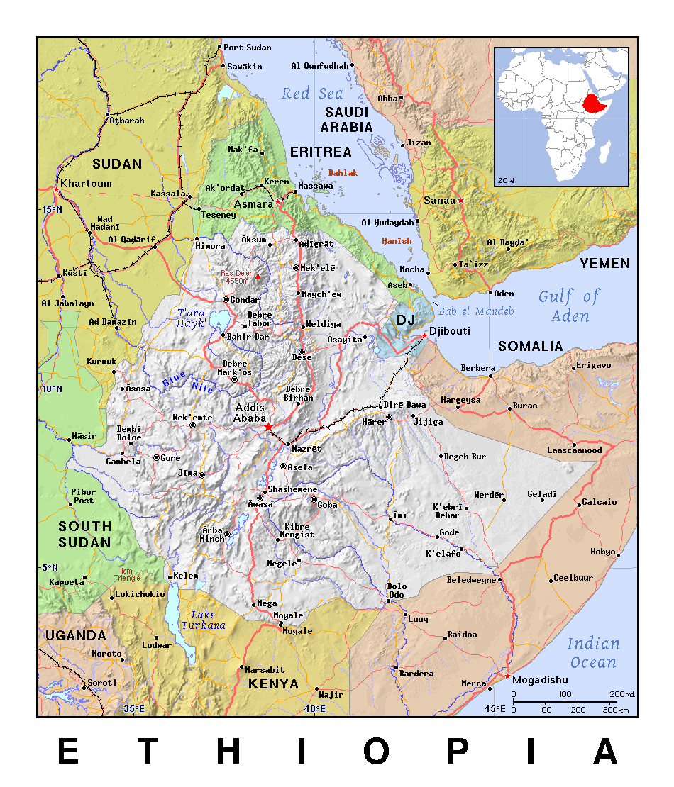 Detailed political map of Ethiopia with relief | Ethiopia | Africa