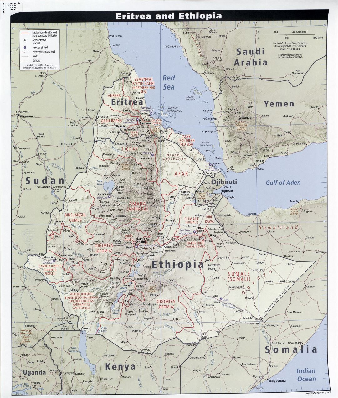 Large detailed political and administrative map of Ethiopia and Eritrea with relief, roads, railroads, airports and cities - 2009