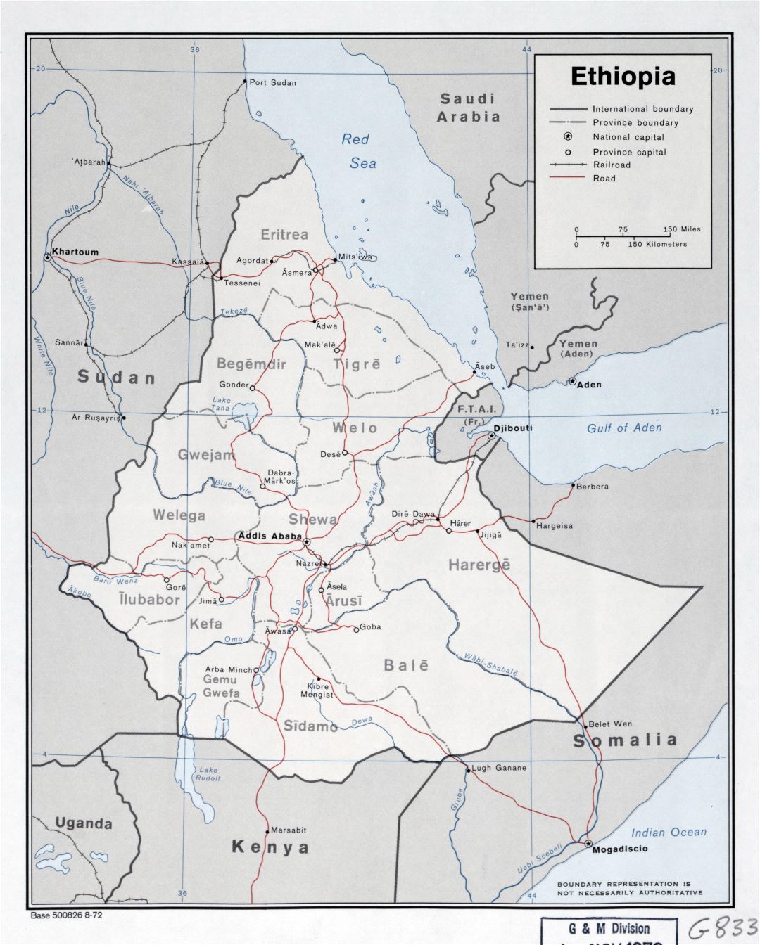 Large detailed political and administrative map of Ethiopia with roads, railroads and cities - 1972