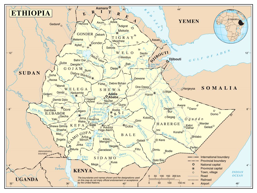 Large detailed political and administrative map of Ethiopia with roads, railroads, cities and airports