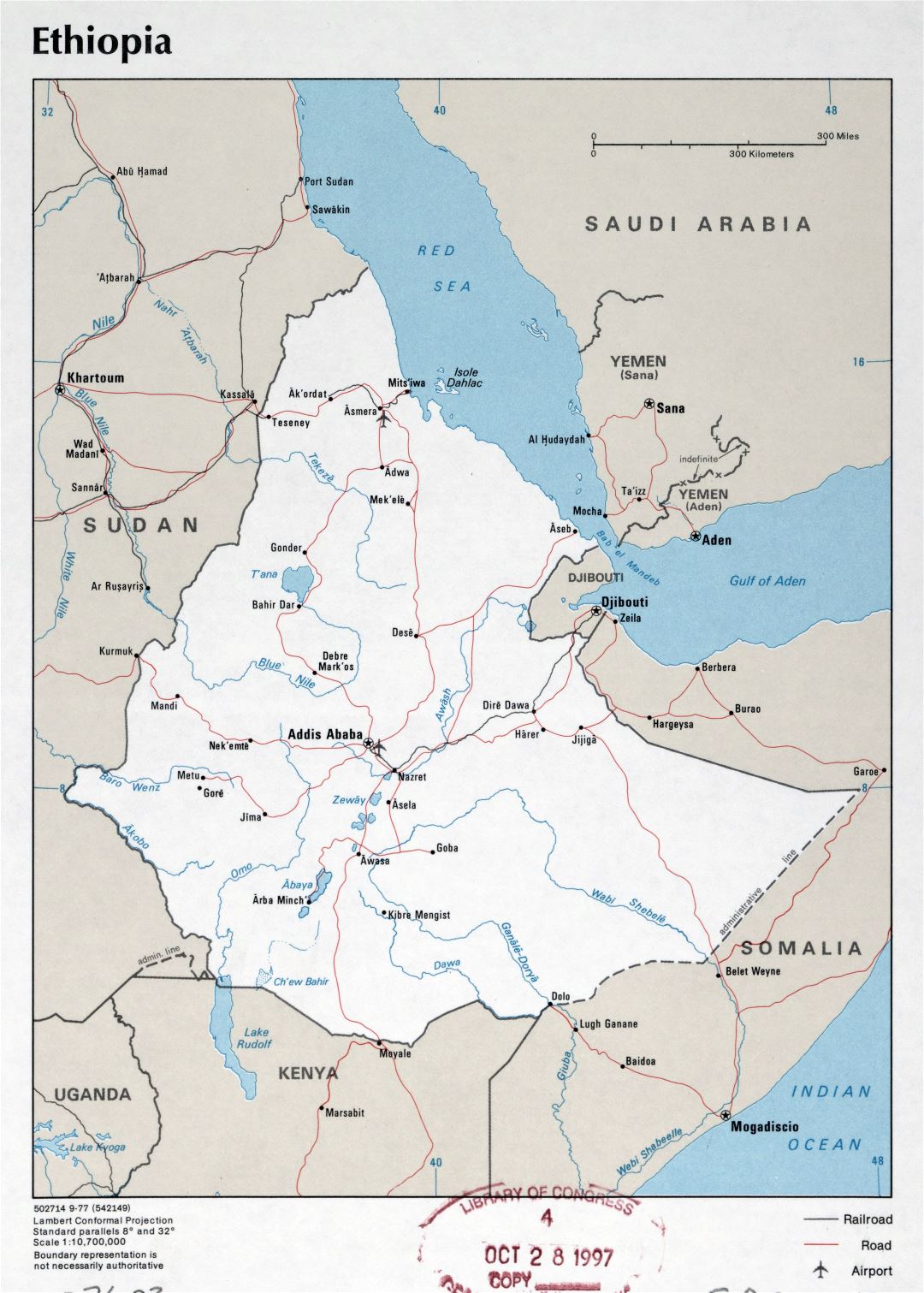 Large detailed political map of Ethiopia with roads, cities and airports - 1977