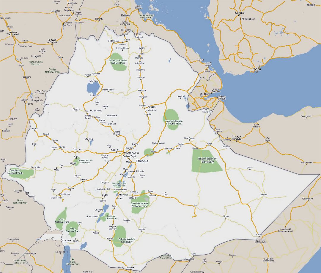 Large road map of Ethiopia with all cities
