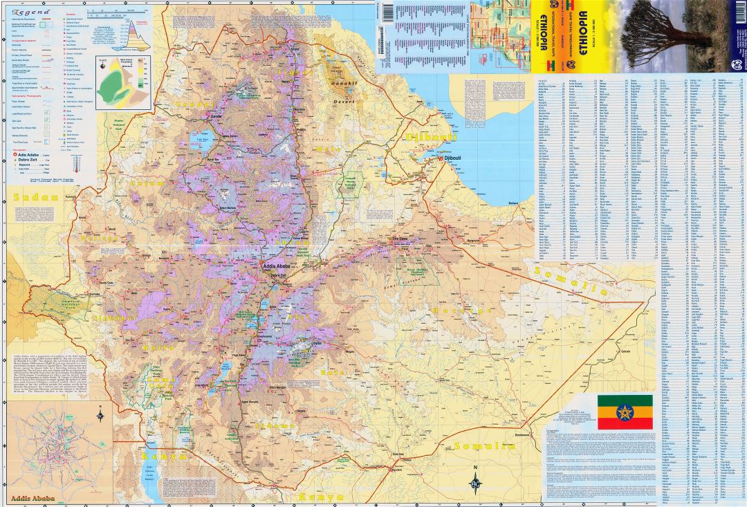 Large scale detailed elevation map of Ethiopia with other marks