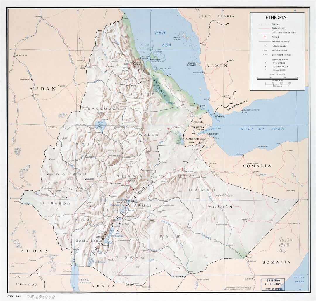 Large scale detailed political and administrative map of Ethiopia with relief, roads, railroads, cities and airports - 1968