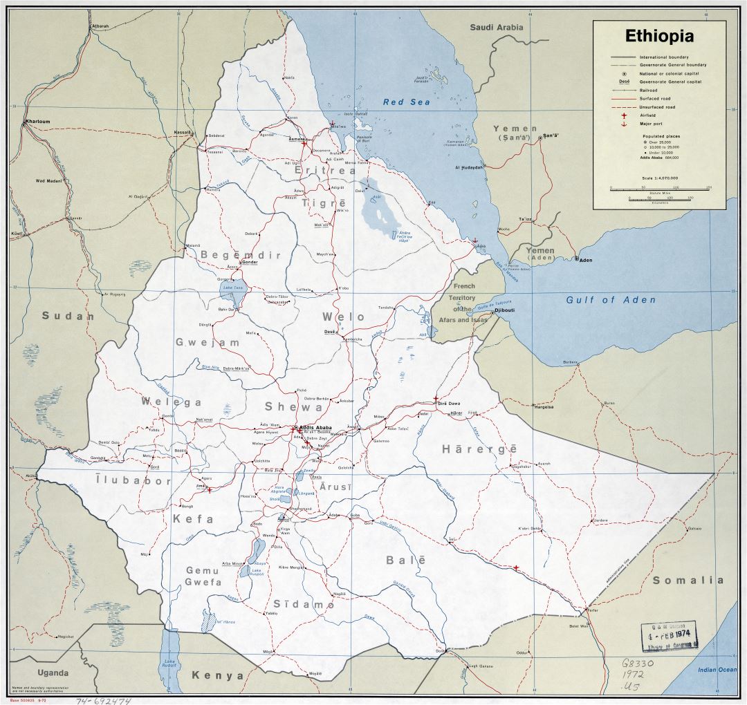 Large scale detailed political and administrative map of Ethiopia with roads, railroads, major cities, ports and airports - 1972