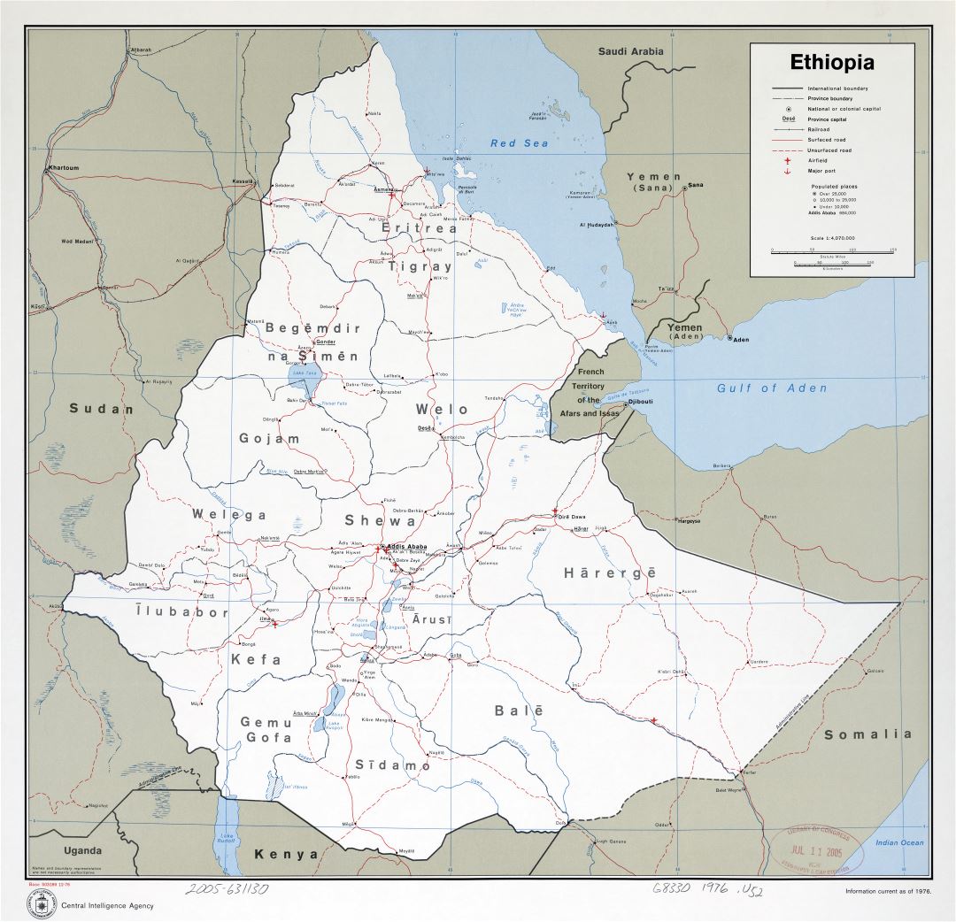 Large scale detailed political and administrative map of Ethiopia with roads, railroads, major cities, ports and airports - 1976
