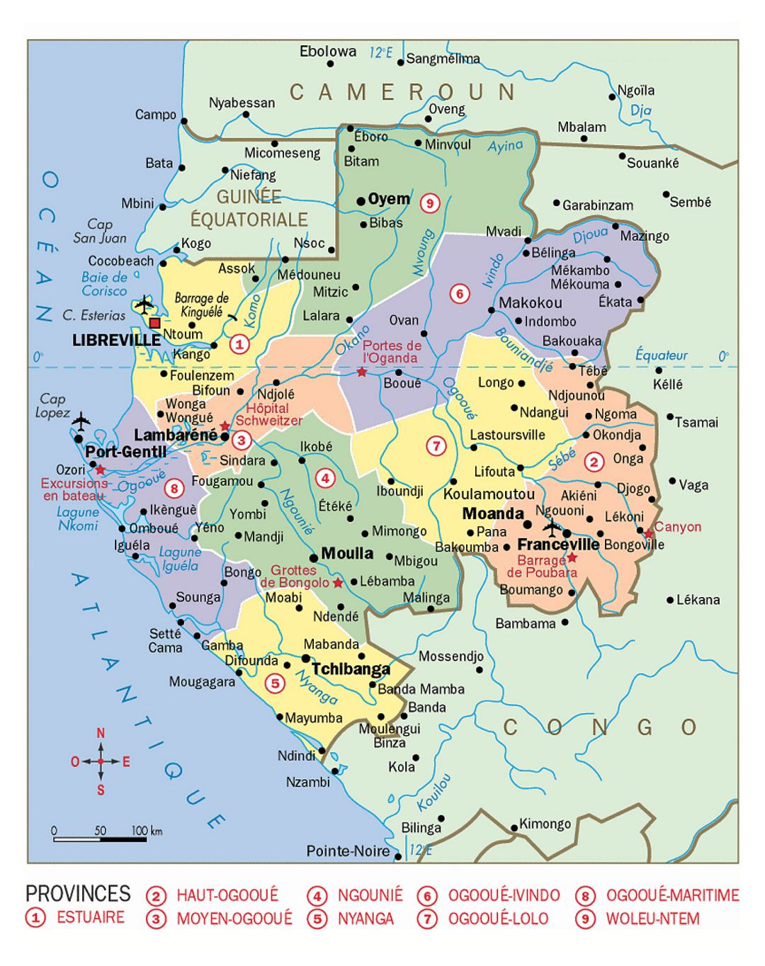 Detailed political and administrative map of Gabon with cities and airports